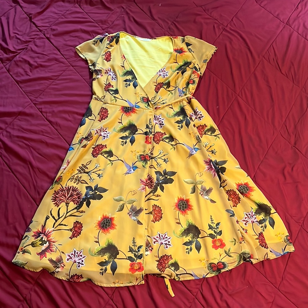 Beautiful gold EShakti floral georgette wrap dress 2x 22w w/POCKETS!